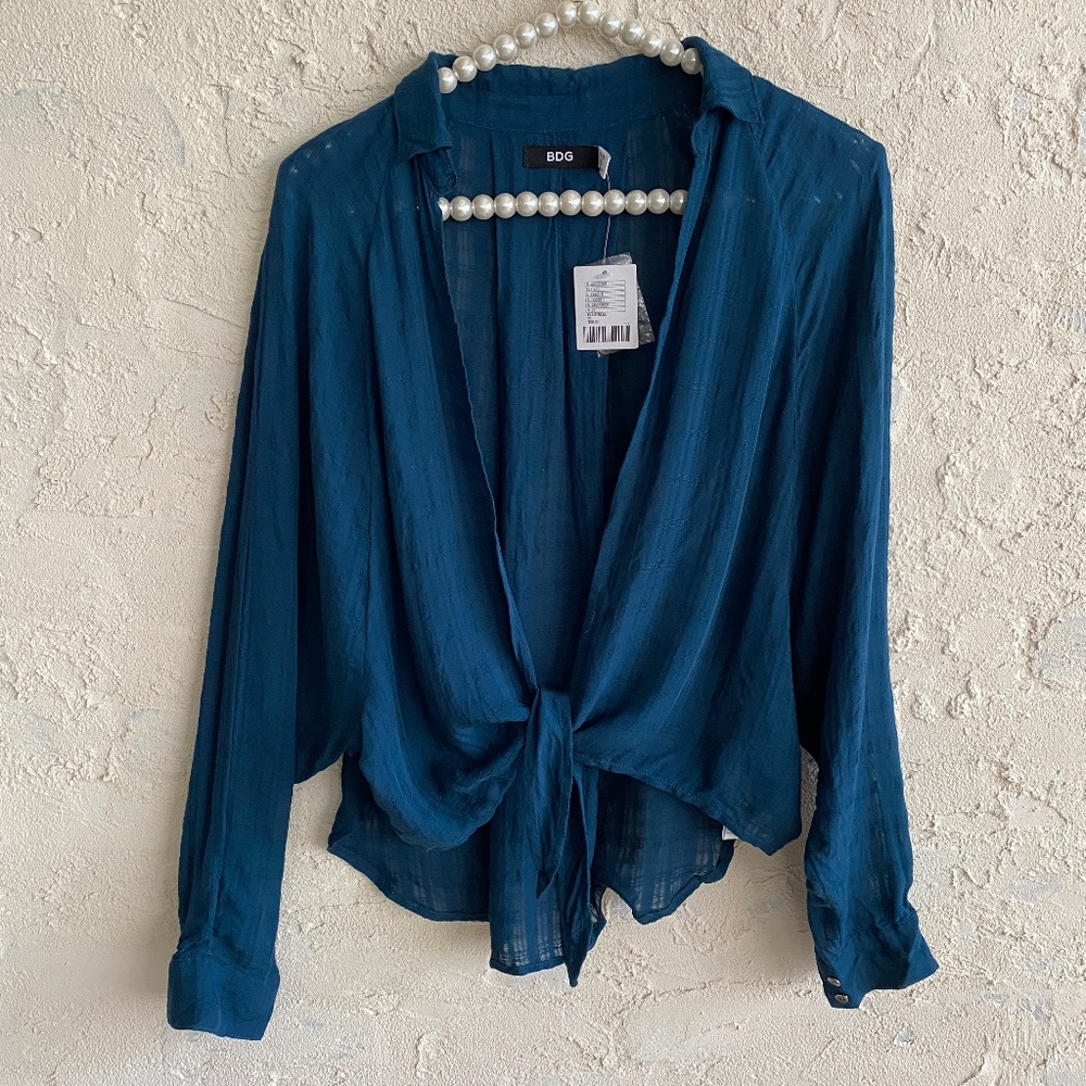 NWT Urban Outfitters Women's Collar Front Tie Crop Top Blue Teal XS